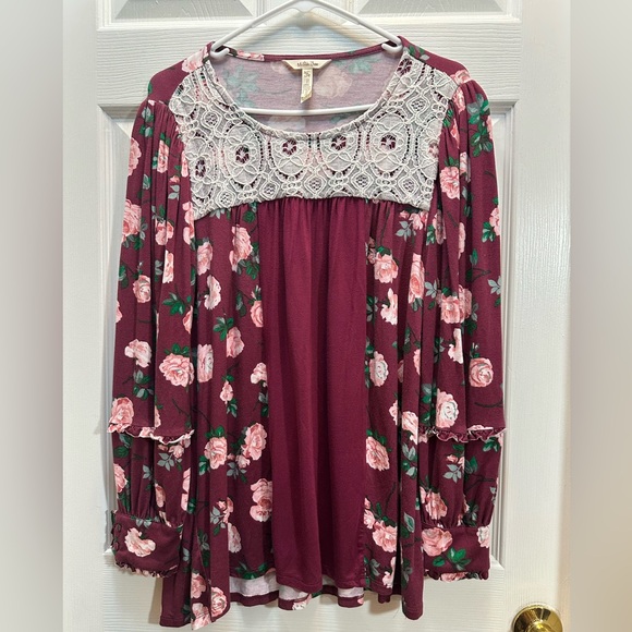 Matilda Jane Tops - Matilda Jane Burgundy and Pink Floral Lace Yoke Top